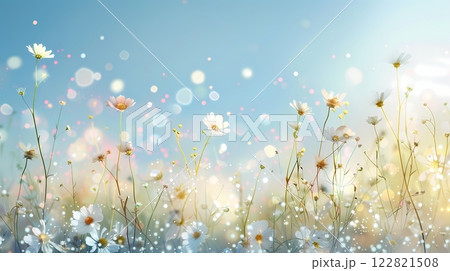 Delicately painted fields of wildflowers in shades of pink, white and yellow gently sway in the breeze, evoking a feeling of calm and serenity. 122821508