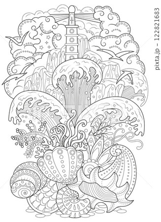 Line art vector illustration of seascape, light house and waves. Zentangle style art with boho patterns. Hand drawn sketch for antistress, coloring page for children and adults, decoration, cards.  122821683