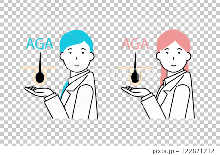Illustration of a male and female doctor holding up scalp and hair icons 122821712