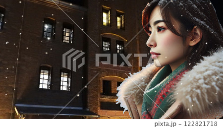 雪と日本人女性（夜景） 122821718