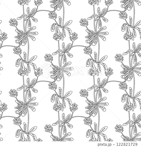 Line art botanical abstract seamless plant pattern with Clovers wildflowers vector illustration.Black and white outline repeating floral background. Graphic design for Wallpaper Textile Cover Birthday 122821729