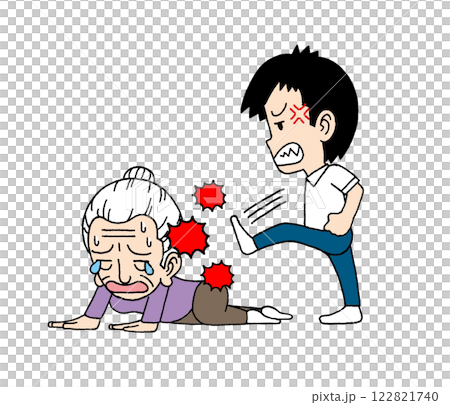 女性の高齢者を蹴る男性 122821740