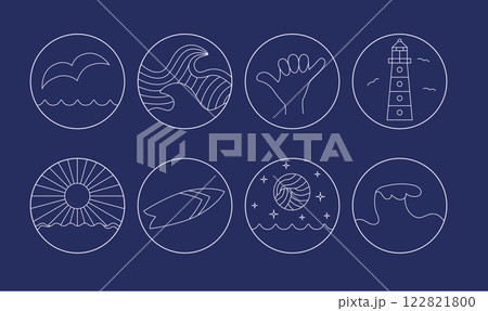 Simple thin line round ocean, surf icons for sticker, t shirt, merch design. White vector badge with sun, board, wave. Simple thin line round ocean, surf icons for sticker, t shirt, merch design. White vector badge with sun, board, wave. 122821800