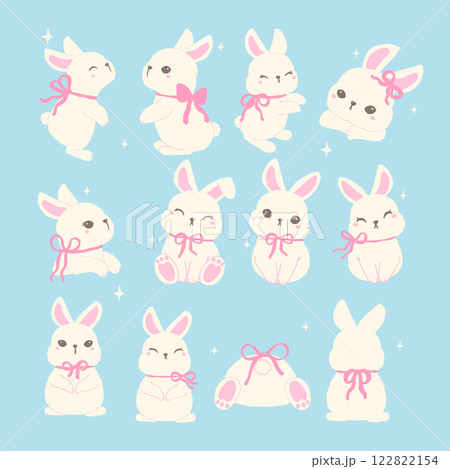 Cute White Bunny with Pink Coquette Ribbon Bow and Chubby Cheeks in Adorable Whimsical  Cartoon Hand Drawn Style 122822154