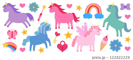 Set of Colorful Unicorns. Children vector flat illustration. 122822229