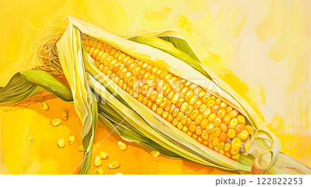 A lively and delicious drawing of fresh corn. Corn with golden kernels and lush green husks. 122822253