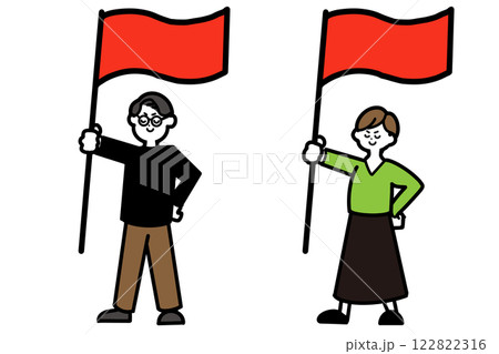得意げに旗を持つ男女のセットイラスト 122822316