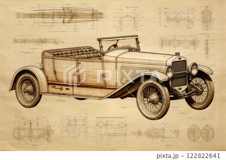 Classic car. Vintage blueprint design. Poster, wall art. Generative Ai Classic car. Vintage blueprint design. Poster, wall art. Generative Ai 122822641