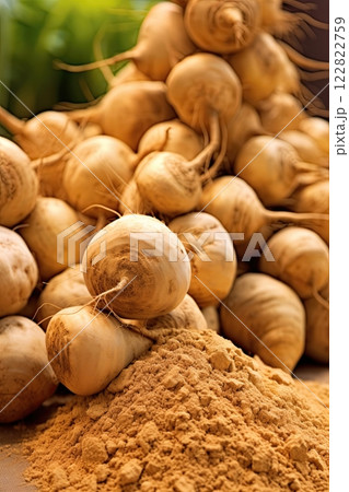Peruvian maca freshly harvested. Food supplements and healthy products from nature. Ai Generative Peruvian maca freshly harvested. Food supplements and healthy products from nature. Ai Generative 122822759