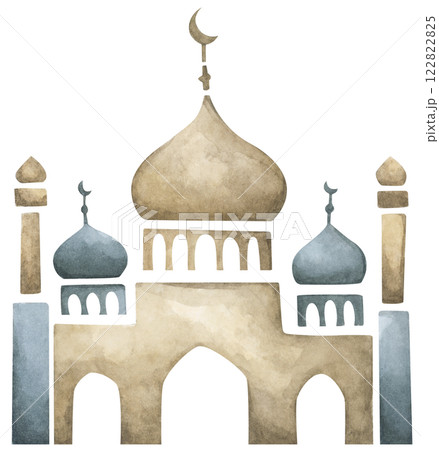 Mosque Watercolor Silhouette with Ramadan Kareem Theme Under a Starry Night Sky 122822825