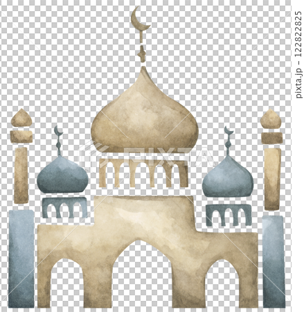 Mosque Watercolor Silhouette with Ramadan Kareem Theme Under a Starry Night Sky 122822825