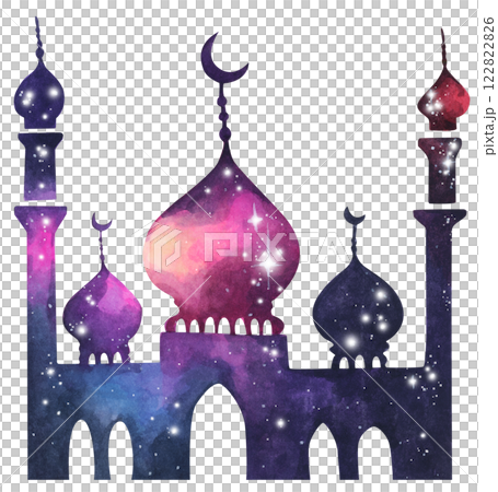 Mosque Watercolor Silhouette with Ramadan Kareem Theme Under a Starry Night Sky 122822826