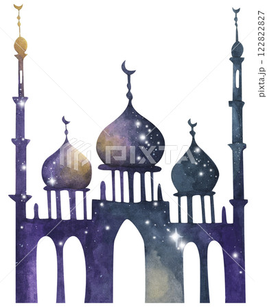 Mosque Watercolor Silhouette with Ramadan Kareem Theme Under a Starry Night Sky Mosque Watercolor Silhouette with Ramadan Kareem Theme Under a Starry Night Sky 122822827