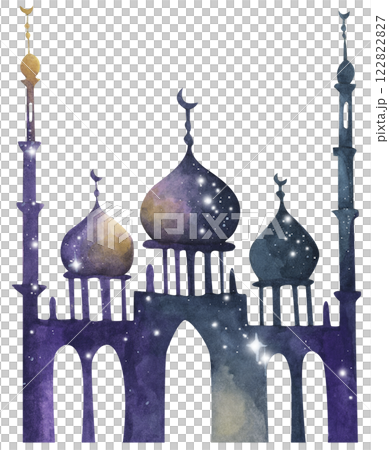 Mosque Watercolor Silhouette with Ramadan Kareem Theme Under a Starry Night Sky Mosque Watercolor Silhouette with Ramadan Kareem Theme Under a Starry Night Sky 122822827
