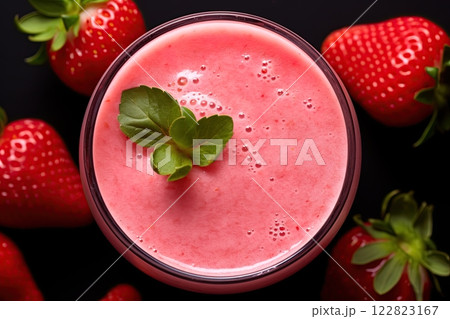 Strawberry smoothie with fresh strawberries. Flatlay, top view composition. Generative Ai 122823167