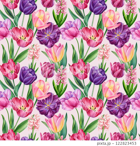 colorful tulips, hyacinths watercolor floral seamless pattern spring flowers, botanical illustration for fabric, design 122823453