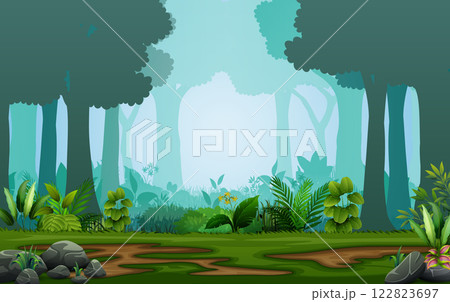 Forest background with trees and green leaf 122823697
