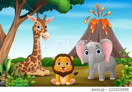 Wild animals cartoon in the jungle background 122823698