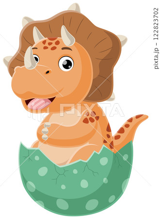 Cartoon baby triceratops hatching from egg 122823702