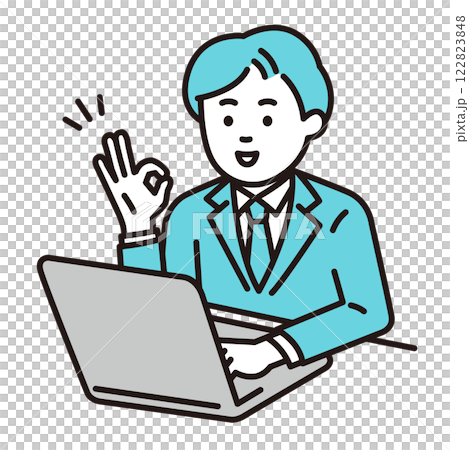 一名年輕上班族在電腦上比劃「OK」手勢 122823848