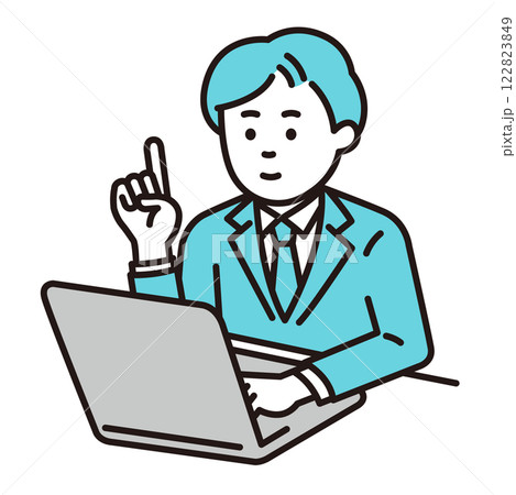 パソコンで説明する若い会社員 122823849