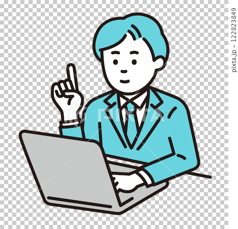 パソコンで説明する若い会社員 122823849