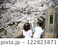 石橋の上から花見をする女の子たち 122823871