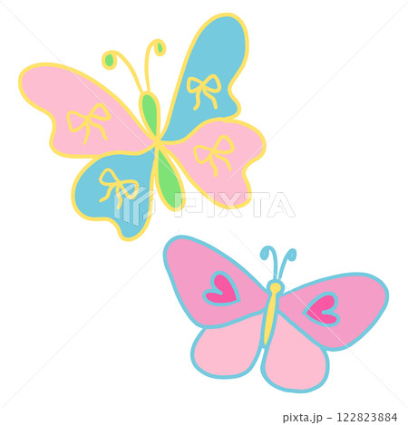 Illustration of of pink butterflies for animal, sticker, nature, garden, picnic, park, spring, summer, decoration, blossom elements, cartoon character, cute patch, brooch, print, home, back yard 122823884