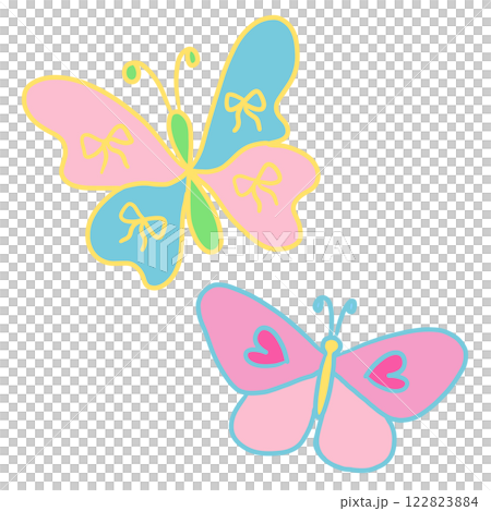 Illustration of of pink butterflies for animal, sticker, nature, garden, picnic, park, spring, summer, decoration, blossom elements, cartoon character, cute patch, brooch, print, home, back yard 122823884