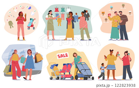 Pregnant woman making purchases at baby shop choosing newborn clothing and accessories set 122823938