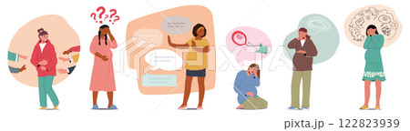 Upset pregnant women cartoon characters suffering from bullying and abuse isolated scene set Upset pregnant women cartoon characters suffering from bullying and abuse isolated scene set 122823939