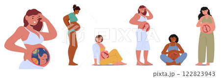Pregnant woman cartoon characters with baby in belly standing and sitting in different position set Pregnant woman cartoon characters with baby in belly standing and sitting in different position set 122823943