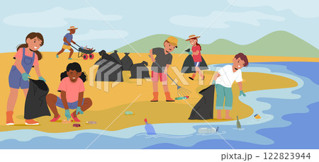 Little school kids cartoon characters cleaning beach from garbage preventing seacoast pollution 122823944