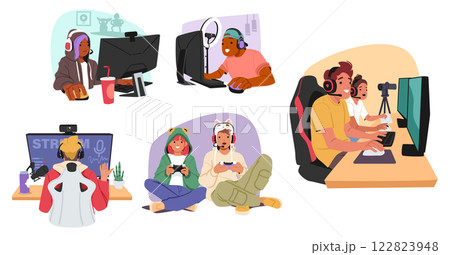 Teenage streamer teenage cartoon characters playing video games making content for vlog set 122823948