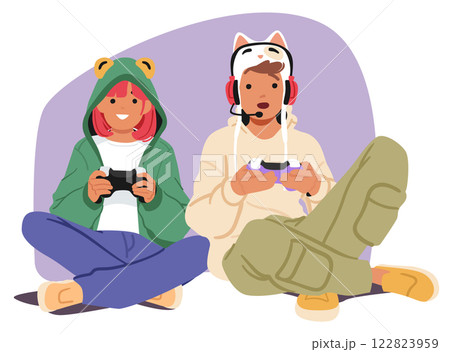 Cute teenage girl friends cartoon characters playing video games using gamepad consol together 122823959