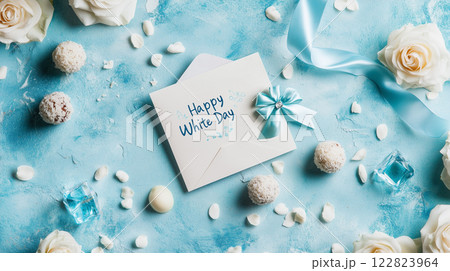 白バラとトリュフチョコレートのホワイトデー装飾 | 爽やかターコイズ 122823964