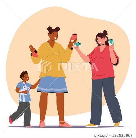 Diverse pregnant women friends cartoon character choosing footwear at baby shop enjoying shopping 122823967