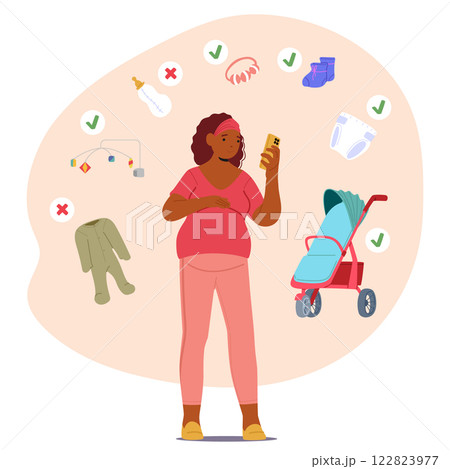 Pregnant woman cartoon character choosing baby goods using smartphone and online store service 122823977