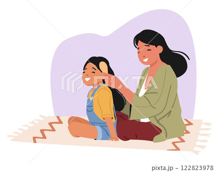 Cute asian family spending time together, mother combing daughters hair with brush cartoon scene 122823978
