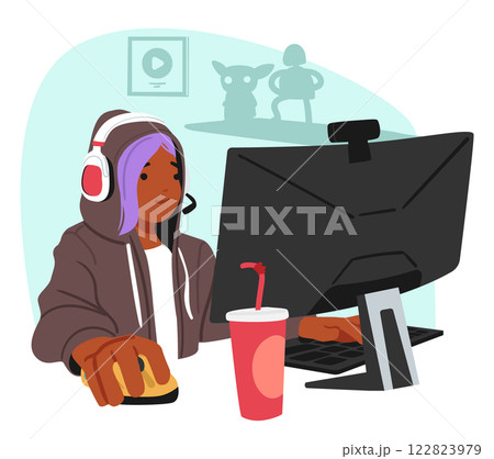 Teenage girl cartoon character sitting front of computer gaming online shooting video content 122823979