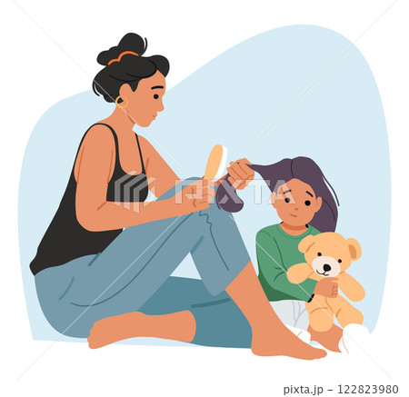 Young mother combing daughter hair during preparation to kindergarten in morning cartoon scene 122823980
