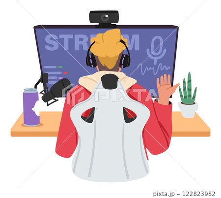 Teenage game streamer cartoon character wearing headphones broadcasting video game playing online 122823982