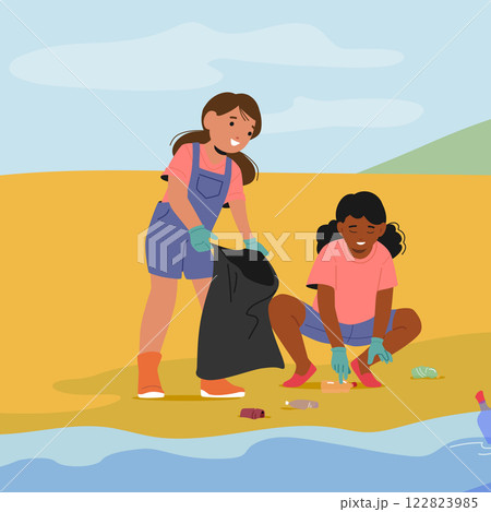 Two little girl friends picking garbage putting into pack cleaning beach from rubbish scenery Two little girl friends picking garbage putting into pack cleaning beach from rubbish scenery 122823985