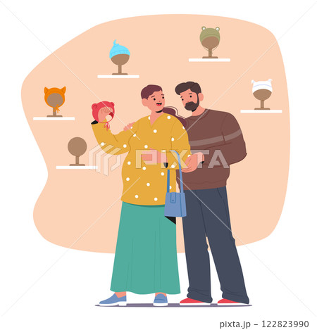 Happy pregnant wife with husband shopping baby headwear at newborn shop market cartoon scene 122823990