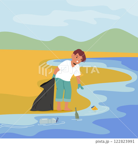 Little child cartoon character cleaning sand beach picking plastic bottles from water surface scene 122823991