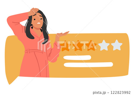 Woman cartoon character feeling upset and unhappy due to negative comment and low customer feedback 122823992