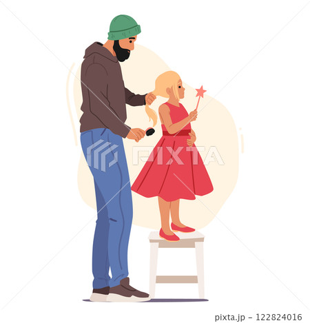 Hipster father preparing pretty daughter for birthday holiday celebration making hairstyle scene 122824016