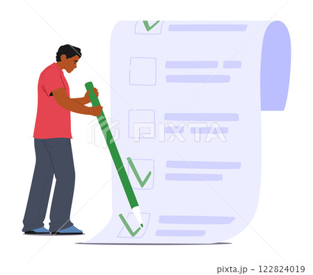 Man cartoon character marking completed day tasks in checklist providing time management in life 122824019