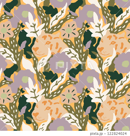Seamless Jungle Pattern with Leopards and Tropical Leaves in Pastel Colors 122824024