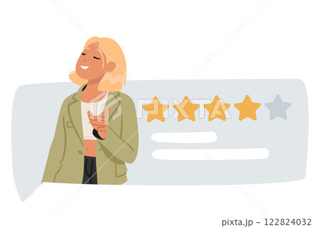 Woman cartoon character leaving comment and giving rating to service, mobile app or product 122824032